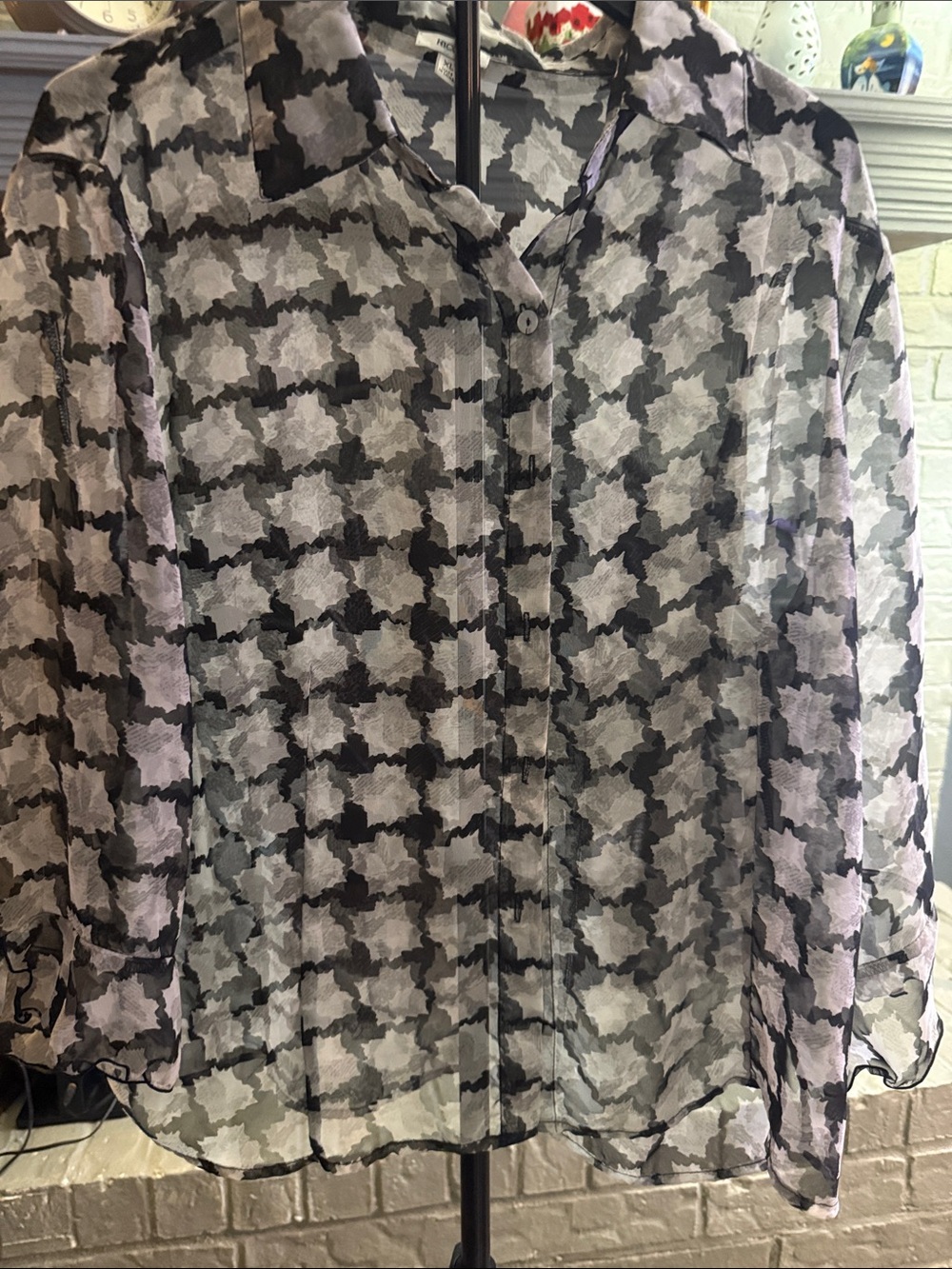 NICOLA Sheer Button-Front Blouse in Black and Lilac Floral-Check